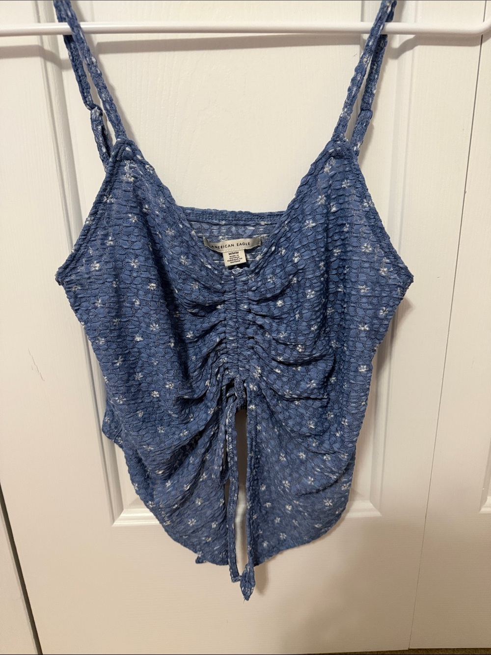 American Eagle Outfitters Denim Blue Floral Ruched Tie-Front Tank